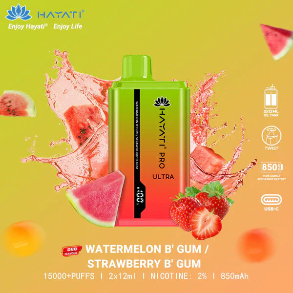 HAYATI PRO ULTRA WATERMELON B' GUM/ STRAWBERRY B' GUM 15000 PUFFS - Gulshans - Since 1985