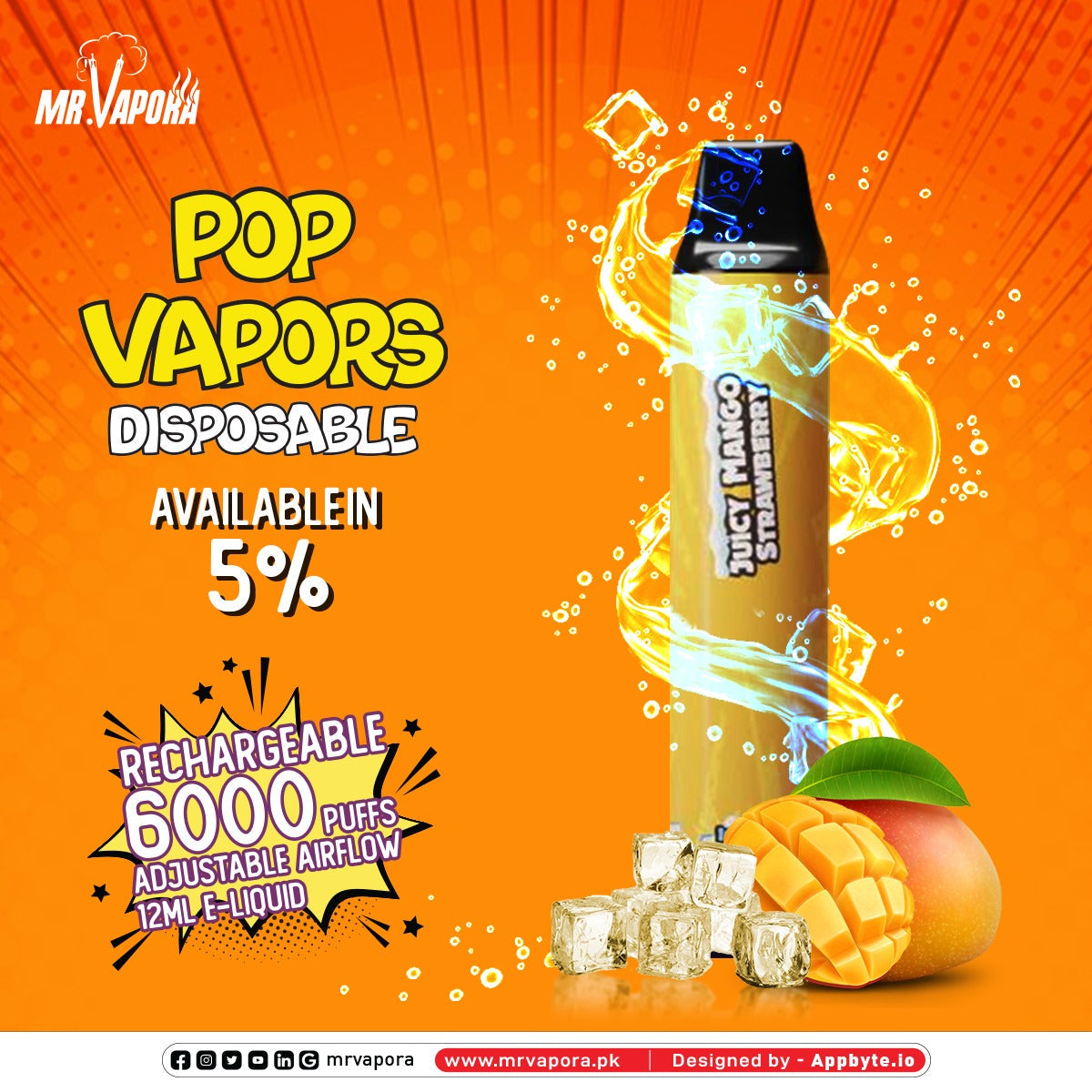 POP DISPOSABLE - JUICY MANGO STRAWBERRY  ICED - 6000PUFFS 5%